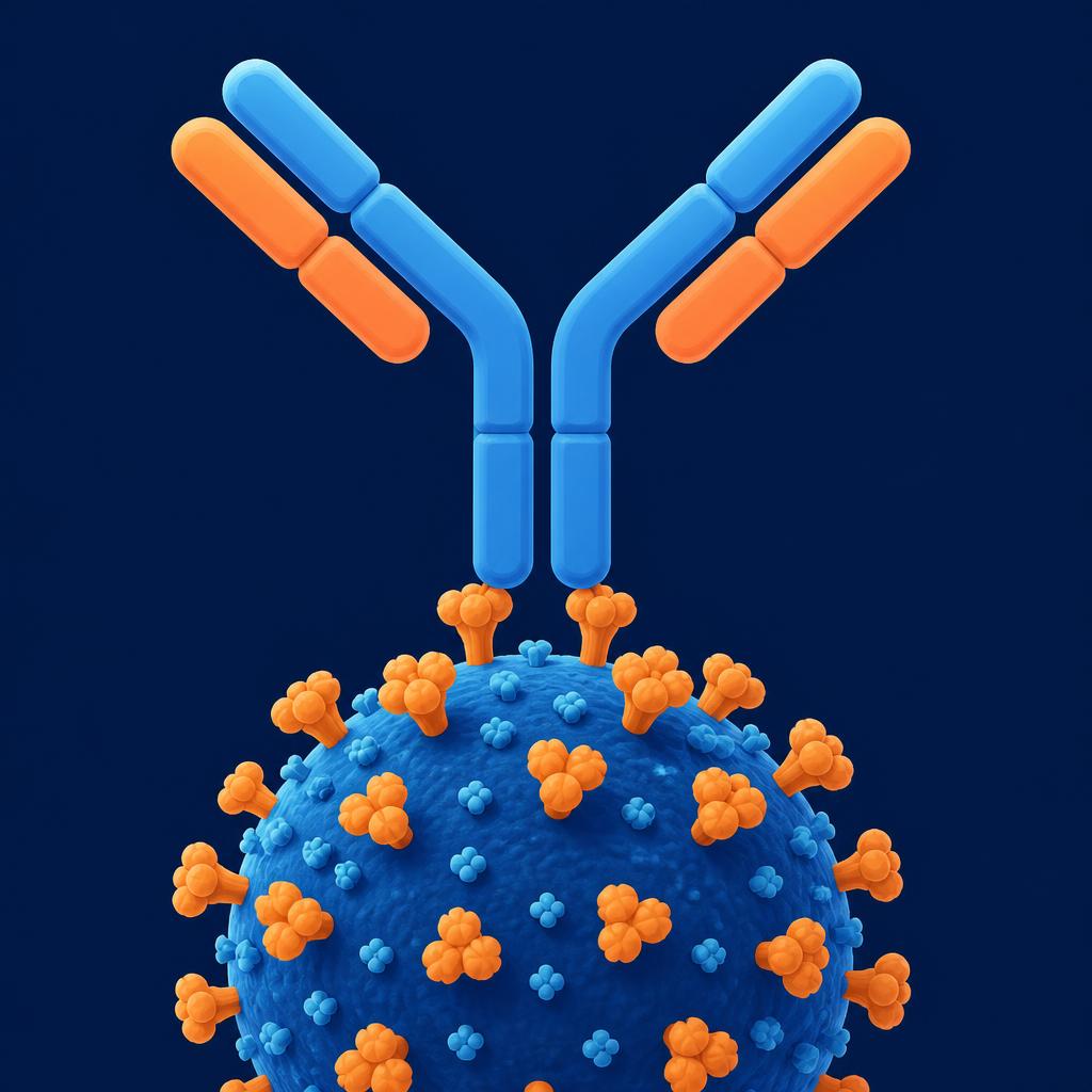 Illustration of a Y-shaped antibody binding a measles virus particle